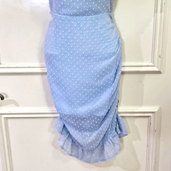 Eilly Bazar Light Blue Raised Dot On/Off Shoulder Ruffle Ruched Dress,Large - Picture 9 of 16